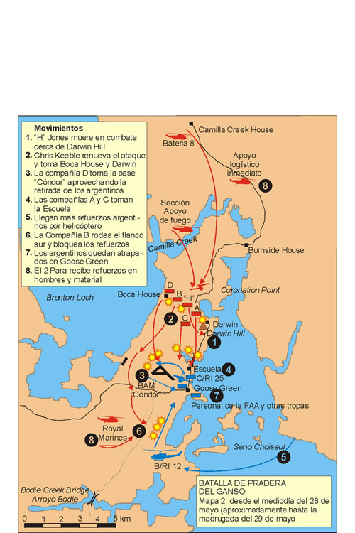 Situación desde el mediodía del 28 de mayo a la madrugada del 29. Los ingleses superan la resistencia argentina y acorralan a los defensores en torno a Goose Green.Evolución de la batalla a partir del segundo ataque británico.